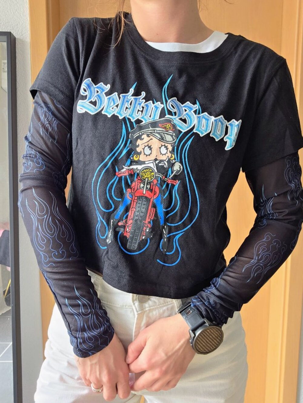 Betty Boop Biker Graphic Black Layered Blue Flame Long Sleeve Top Women's Large